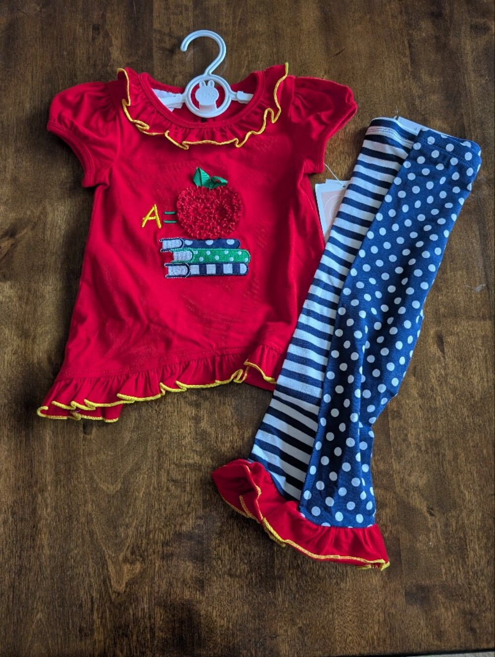 Bonnie Baby Red Apple Ruffle Top & Navy Polka Dot Stripe Leggings Set/ 24 Months